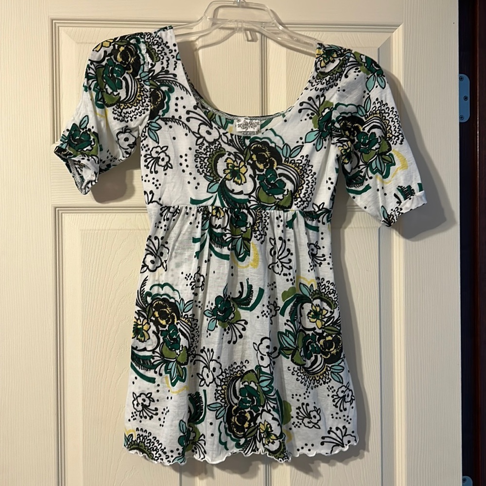 Daytrip Empire Waist White Green Yellow Black Floral Blouse Small